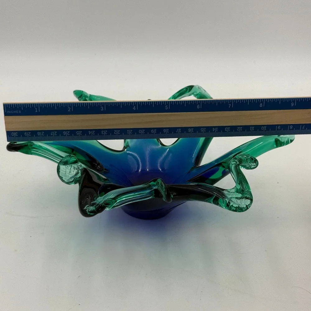 Vintage Art Glass Starburst Bowl Blue Green Hand Blown Centerpiece 9 Inch